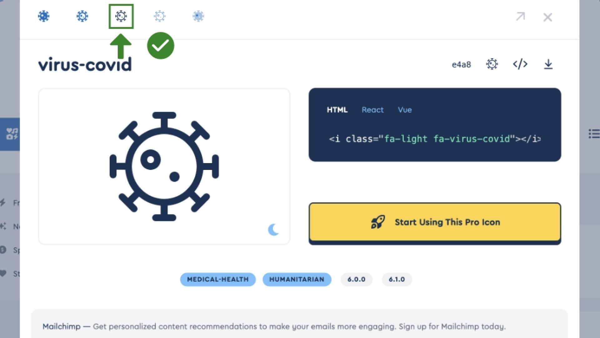 A image of the FontAwesome interface with code to copy
