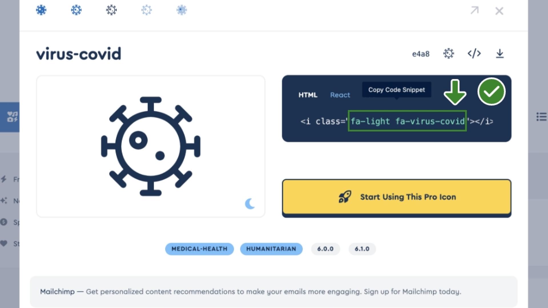 Image of the FontAwesome interface with arrows indicating code to copy