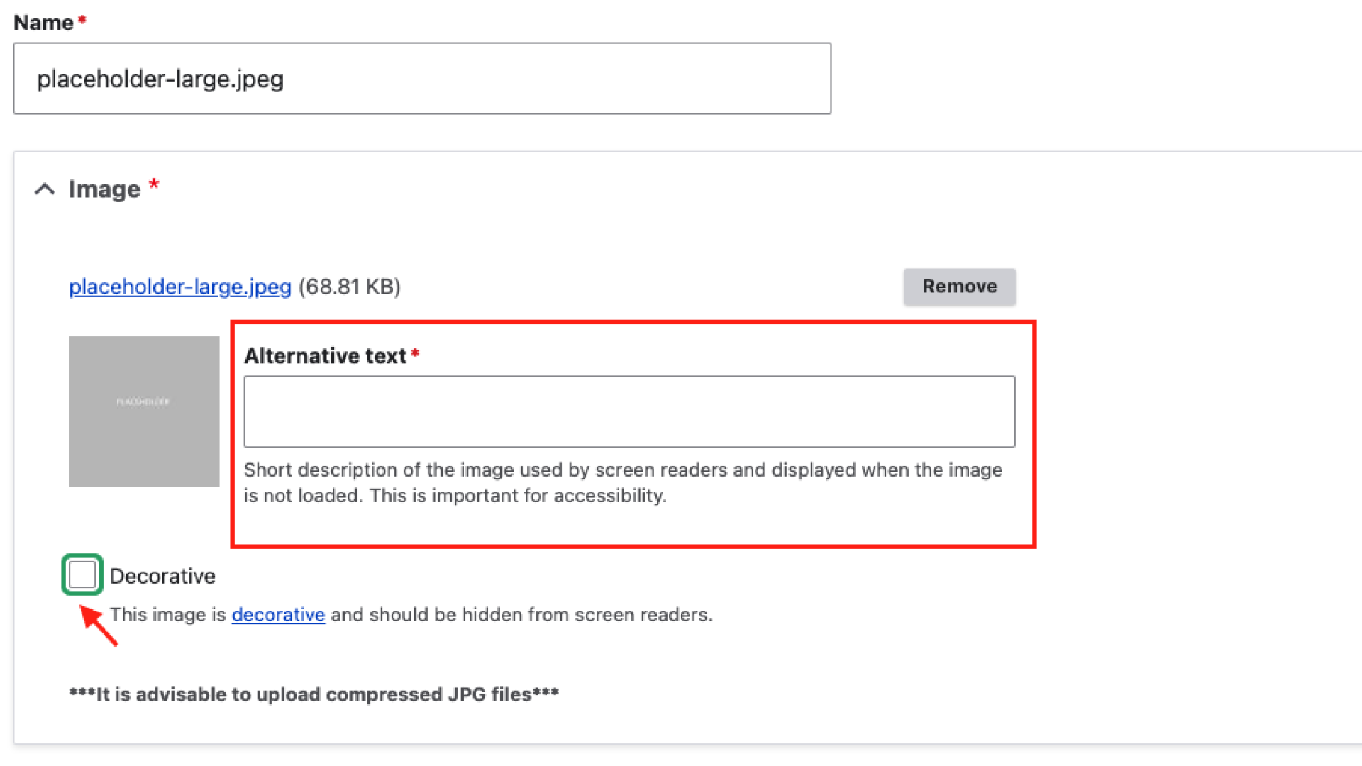 A screenshot highlighting the alternative text field and check box to mark as decorative when adding images through the media library