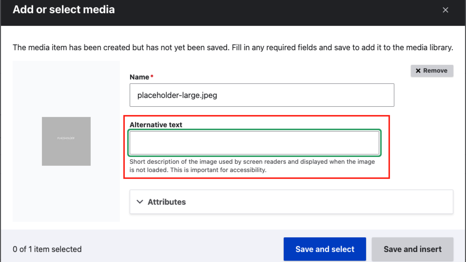 A screenshot showing the alternative text field when uploading an image directly to a page.