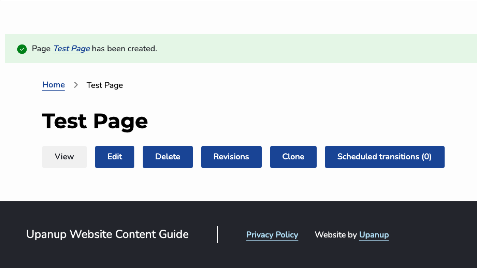 Interface showing different editing options at the top of a Test Page. The options read View, Edit, Delete, Revisions, Clone and Scheduled Transitions.