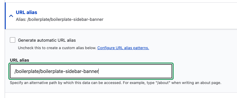 A screenshot showing the text box for a manually created URL Alias under the URL Alias settings under Advanced settings