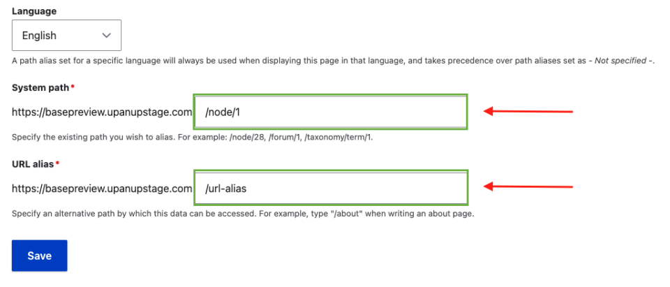 A screenshot highlighting the test fields for System path and URL alias when adding a new URL alias.