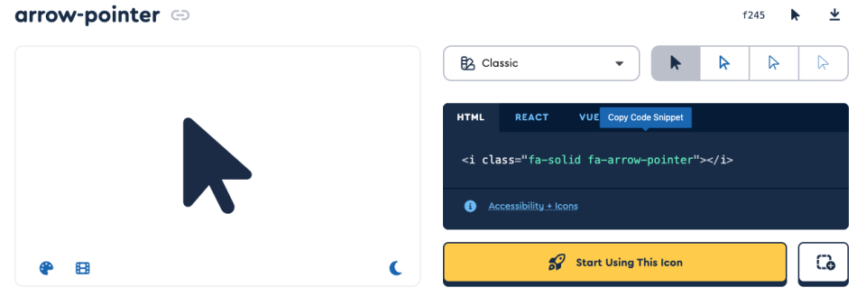 Screenshot of icon code selection process