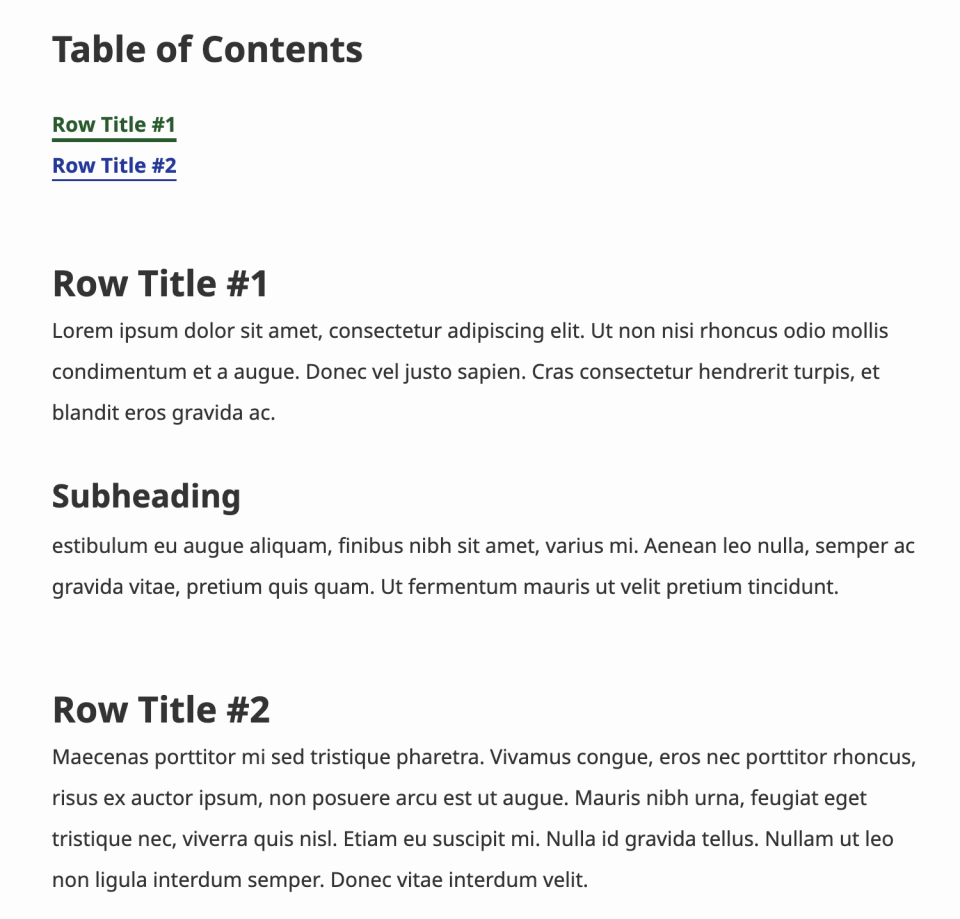 An example of a table of contents featuring two content rows and two table of content links.