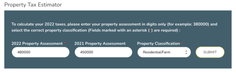 The Town of Clearview's tax estimator, based on previous and current assessment value and property classification.
