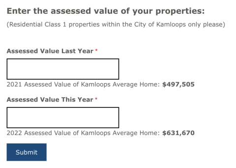 The City of Kamloops tax calculator for residential properties.