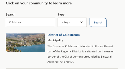The Regional District of North Okanagan's community lookup feature.