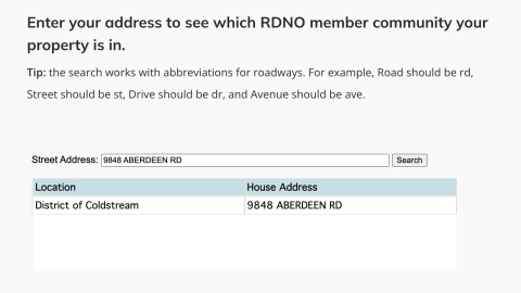 The Regional District of North Okanagan's community lookup feature.
