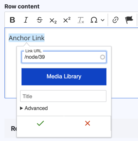 A screenshot showing how to add a link to a page, with the example /node/39 used.