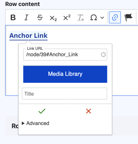 A screenshot showing how to add an anchor link to the end of a page link, with the example /node/39#Anchor_Link