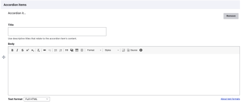 accordion items fields showing title and body