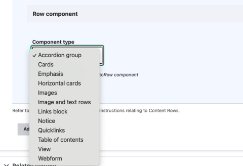 a list of the different component types available to select