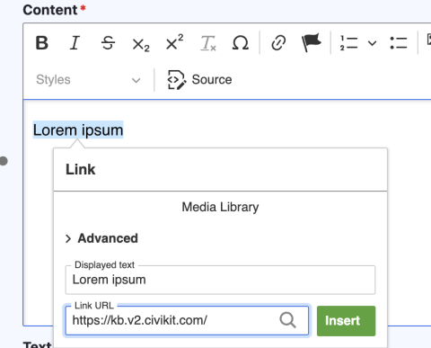 A highlighted section of text. Next to it is a pop-up where a user can add their link URL. Next to the URL field is a green 'insert' button.