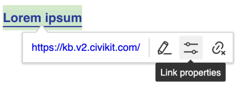 A highlighted section of text next to a pop up. The middle icon shows two toggles and the help text reads 'Link properties'.