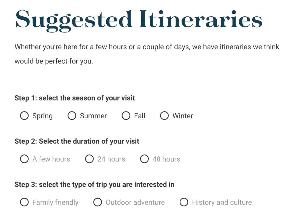 Screenshot of Quesnel Tourism Suggested Itinerary tool
