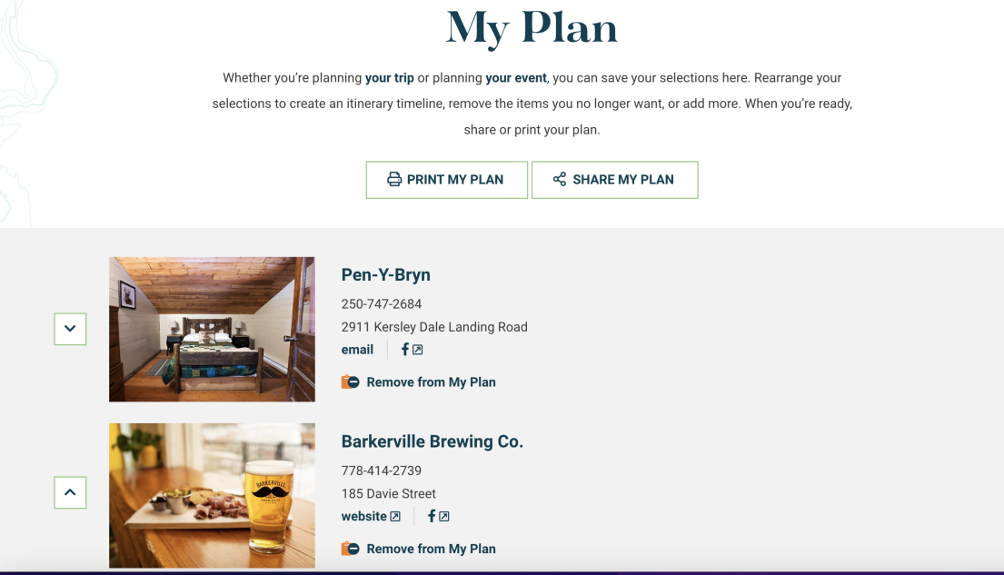 Screenshot of Quesnel Tourism My Plan tool