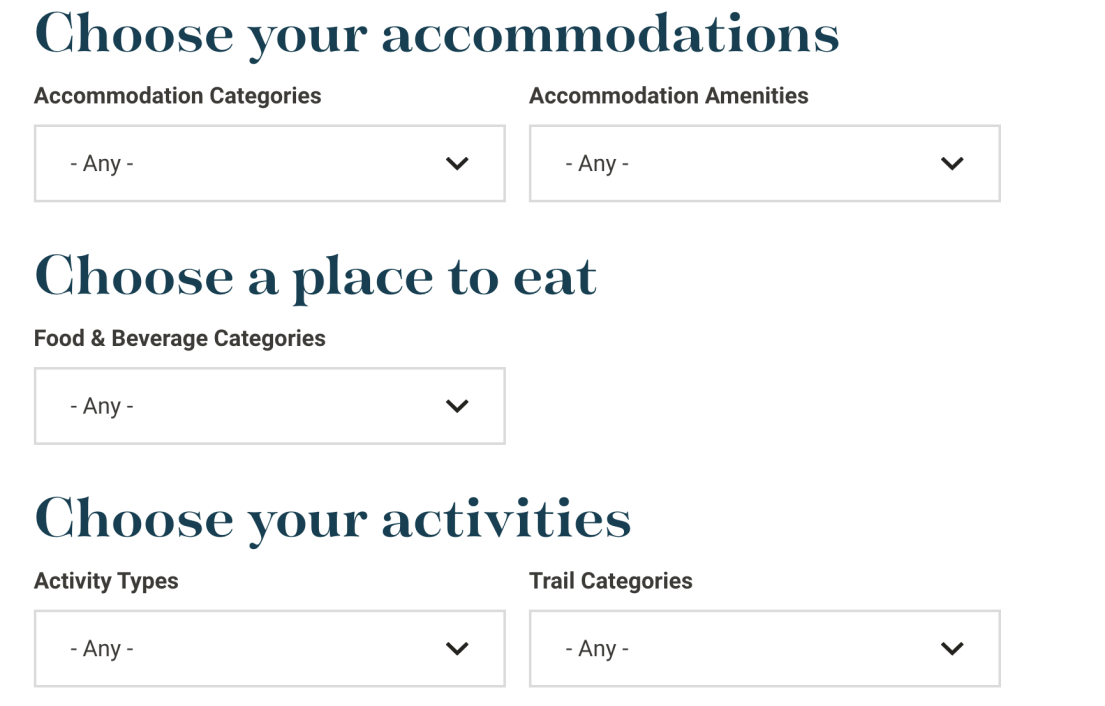 Screenshot of Quesnel Tourism Plan My Trip tool