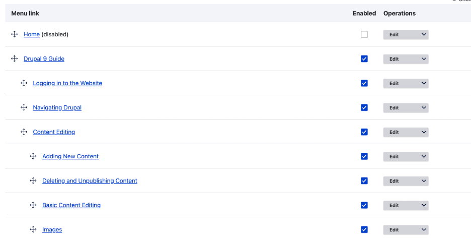 Example of what a menu looks like in the back end of Drupal