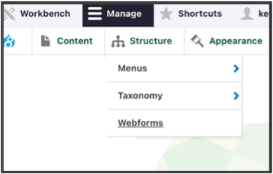 Drupal Admin bar with the Structure menu open showing Webforms