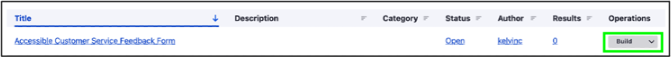 Image of the title of a webform and where to click Build to make edits