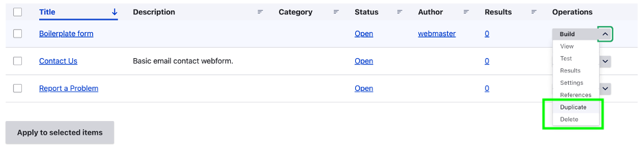 An image showing the options under the Build menu when editing a webform