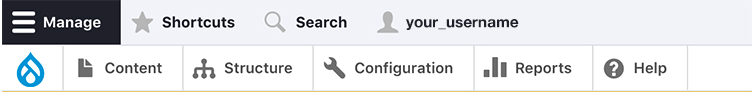 A screenshot of the Drupal admin menu, showing submenus for content, structure, appearance, extend, configuration, people, reports, and help