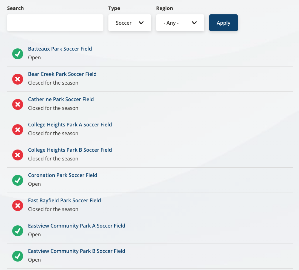 A screenshot from the City of Barries website, showing the view for Field & Court Closure information. There is a list of fields, each with either a checkmark or an x, plus text, indicating if the field is open or closed.