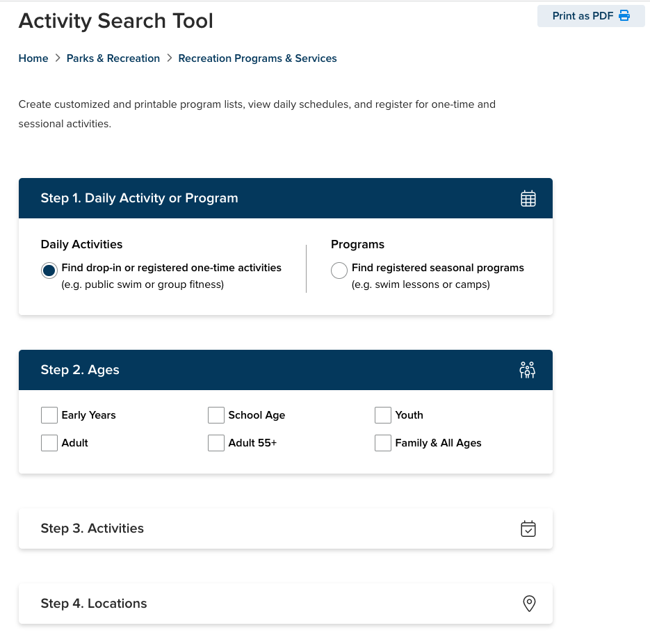 A screenshot from the District of West Vancouver's website showing their integration with ActiveNet.