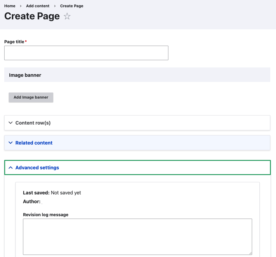A screenshot of the new location of advanced page settings, at the bottom of the page editor, in an accordion. 