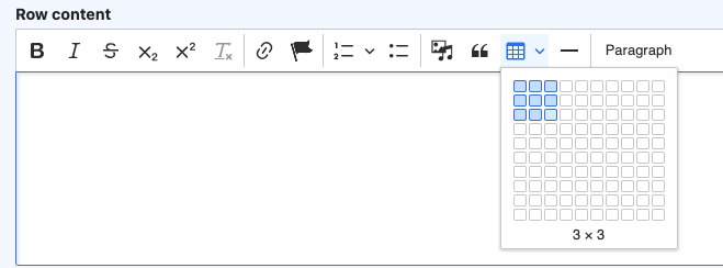 A screenshot of the WYSIWYG with the grid of squares that displays to select a table size to add.