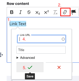 A screenshot showing the link menu with numbers 1 to 5 next to relevant fields and buttons.