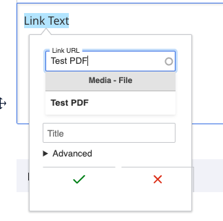 A screenshot showing how the document search from the link menu works, with matching documents appearing in a list below the search bar. 
