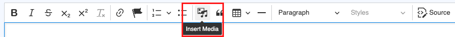 A screenshot highlighting the location of the Add Media button in the centre of the WYSIWYG toolbar.