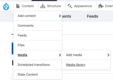 A screenshot showing the location of the media library in the Drupal administration bar, under content.