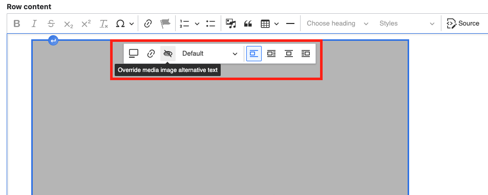A screenshot showing how to override an images existing alt text from the image tool bar.