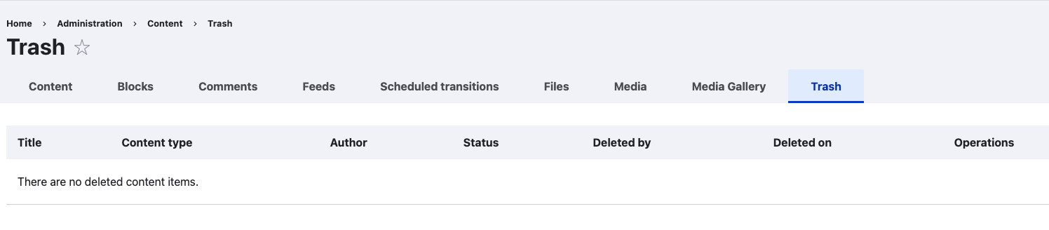 Screenshot of how the trash module looks within the content manager