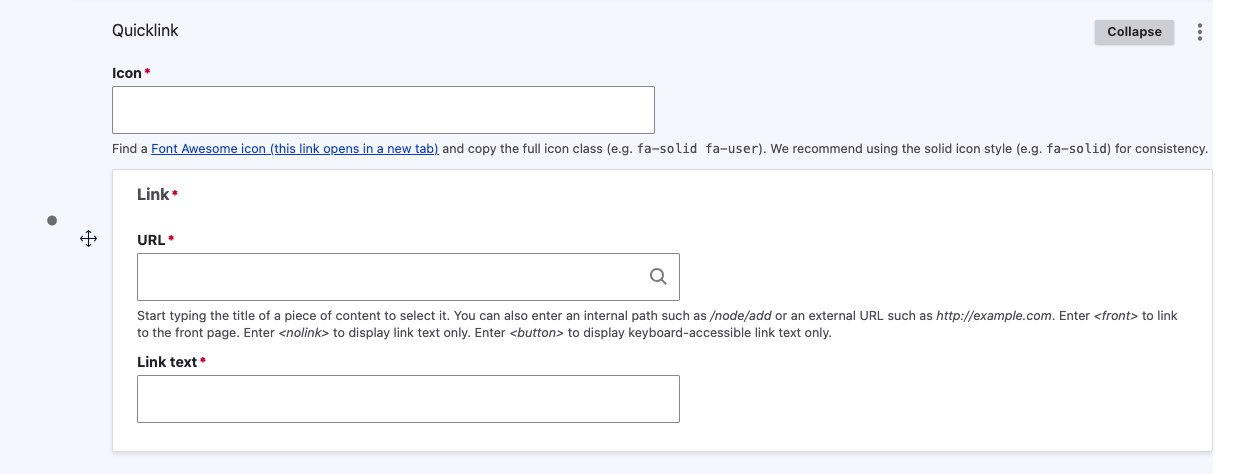 Screenshot of quicklink edit screen