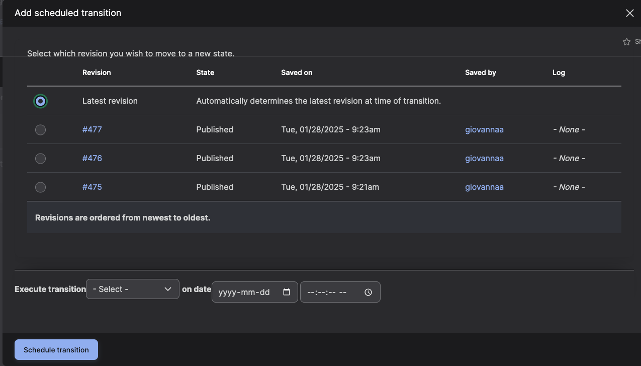 A screenshot showing the screen to select a revision for a scheduled transition. The most recent revision is labelled "Latest revision" wile the others are numbered, have a date and time, and show the content author.