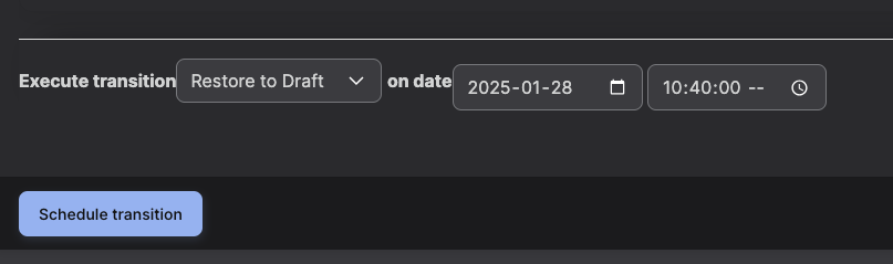 A screenshot showing the transition selected and scheduled with a date and time, ready to be confirmed.