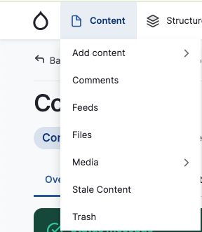 A screenshot of the content menu in the drupal admin bar.