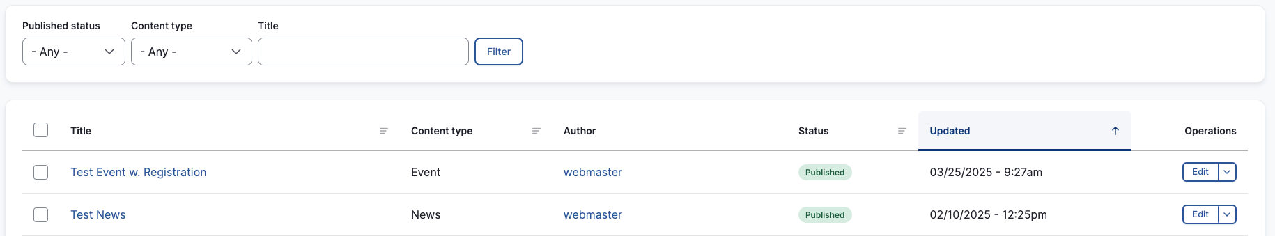 A screenshot of the content page, focused on the list of content on the site.