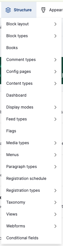 A screenshot of the full structure menu in the Drupal admin bar