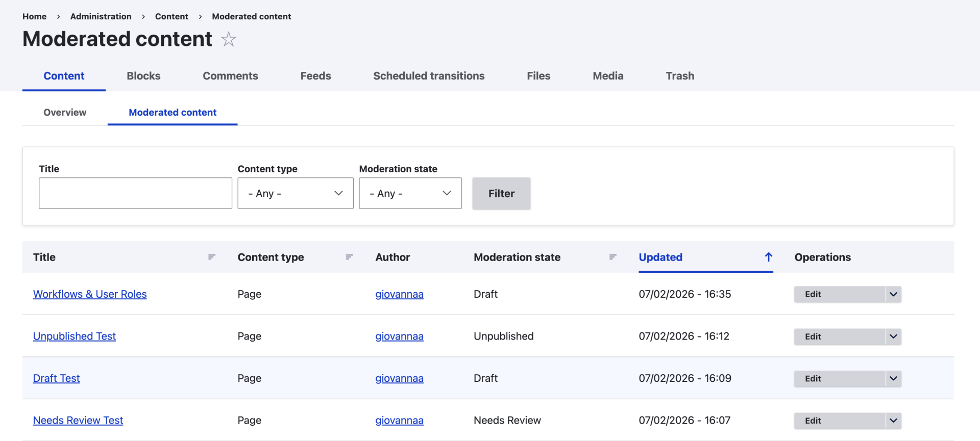 Moderated Content tab showing multiple nodes
